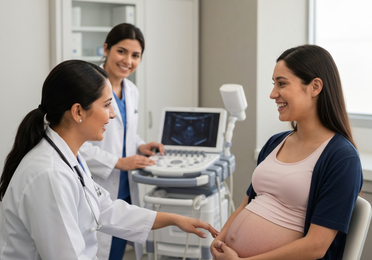 Ginecóloga en control prenatal con una paciente embarazada